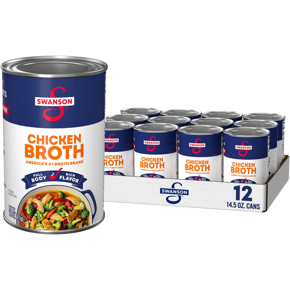 Swanson S Chicken Broth can front, a pantry-ready base for rich soups.