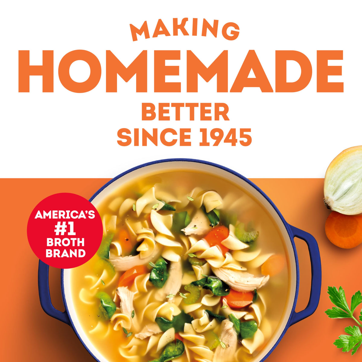 Swanson S Chicken Broth ingredients scene shows farm-fresh vegetables and chicken.