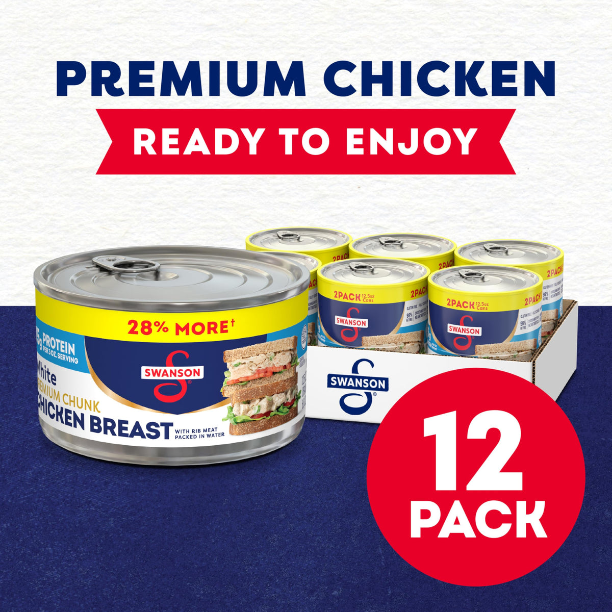 Swanson S fully cooked chicken chunks in water, ready for quick, protein-packed meals.