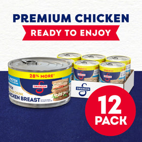 Swanson S fully cooked chicken chunks in water, ready for quick, protein-packed meals.