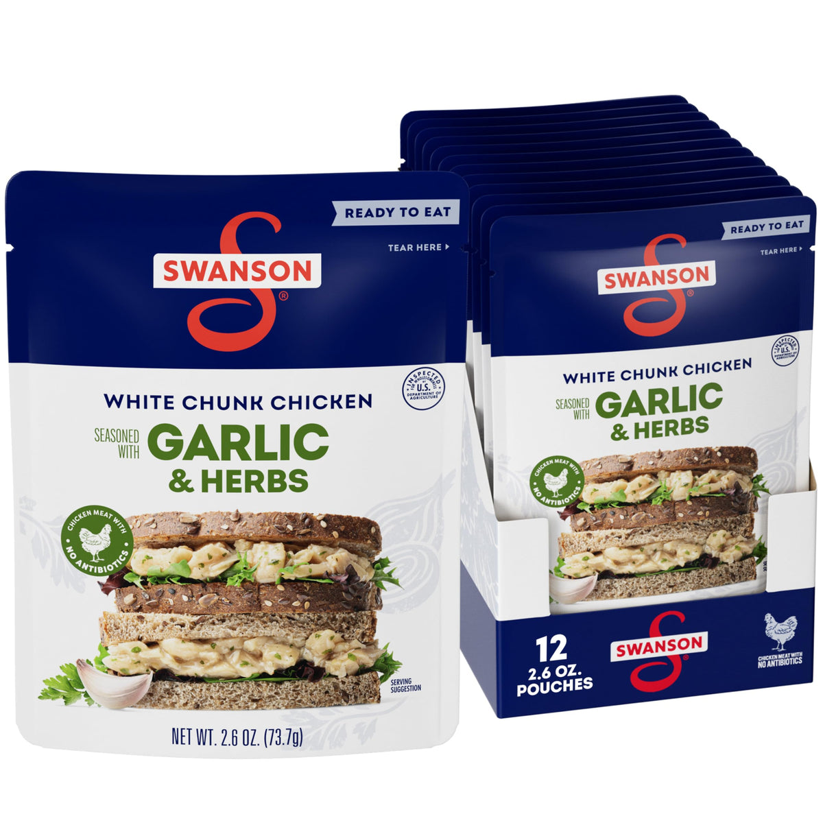 Swanson S garlic and herbs chicken pouch in hand ready-to-eat on the go.