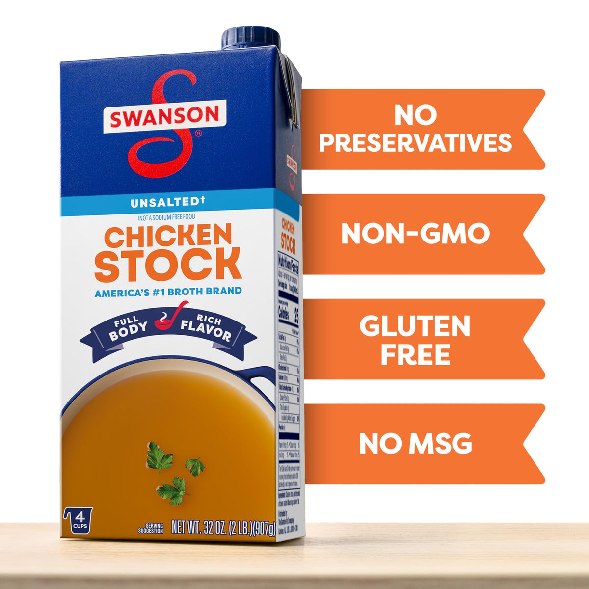 Swanson S Unsalted Chicken Stock in measuring cup for precise cooking.