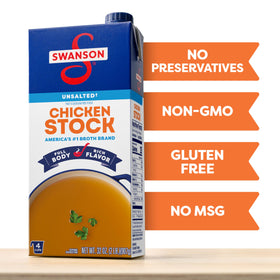 Swanson S Unsalted Chicken Stock in measuring cup for precise cooking.