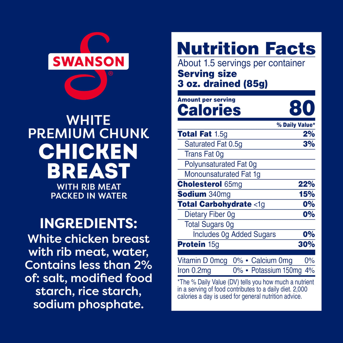 Open Swanson S chicken can shows tender chunks for quick meals.