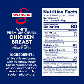 Open Swanson S chicken can shows tender chunks for quick meals.