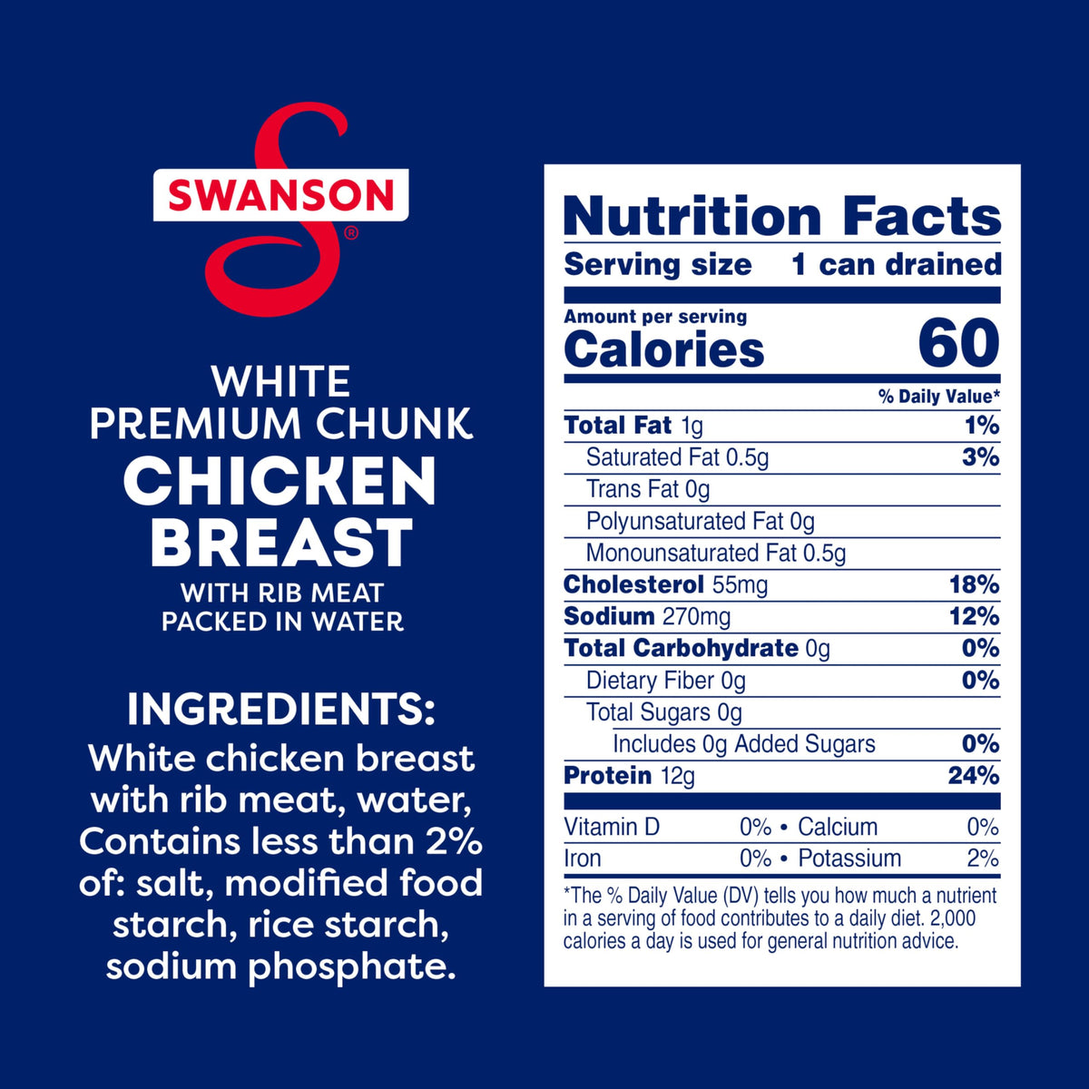 Swanson S ready-to-eat chicken chunks in water, perfect for toppings.