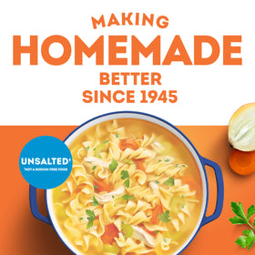 SWANSON S unsalted broth highlighting gluten-free and fat-free attributes