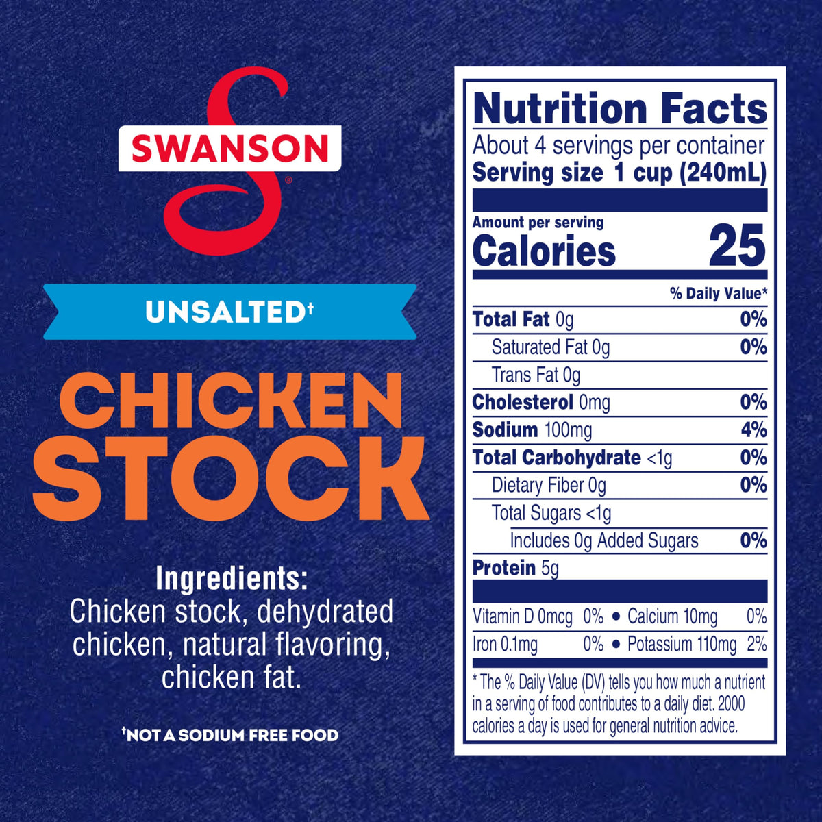 Swanson S Unsalted Chicken Stock label closeup highlighting clean ingredients.