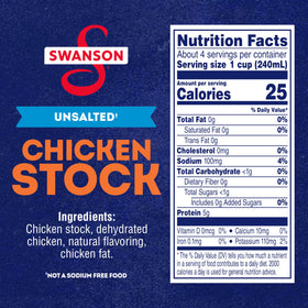 Swanson S Unsalted Chicken Stock label closeup highlighting clean ingredients.