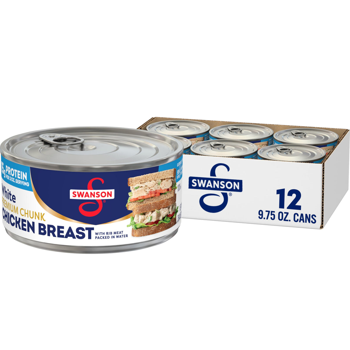 Swanson S can of white premium chunk chicken in water, ready-to-eat protein.