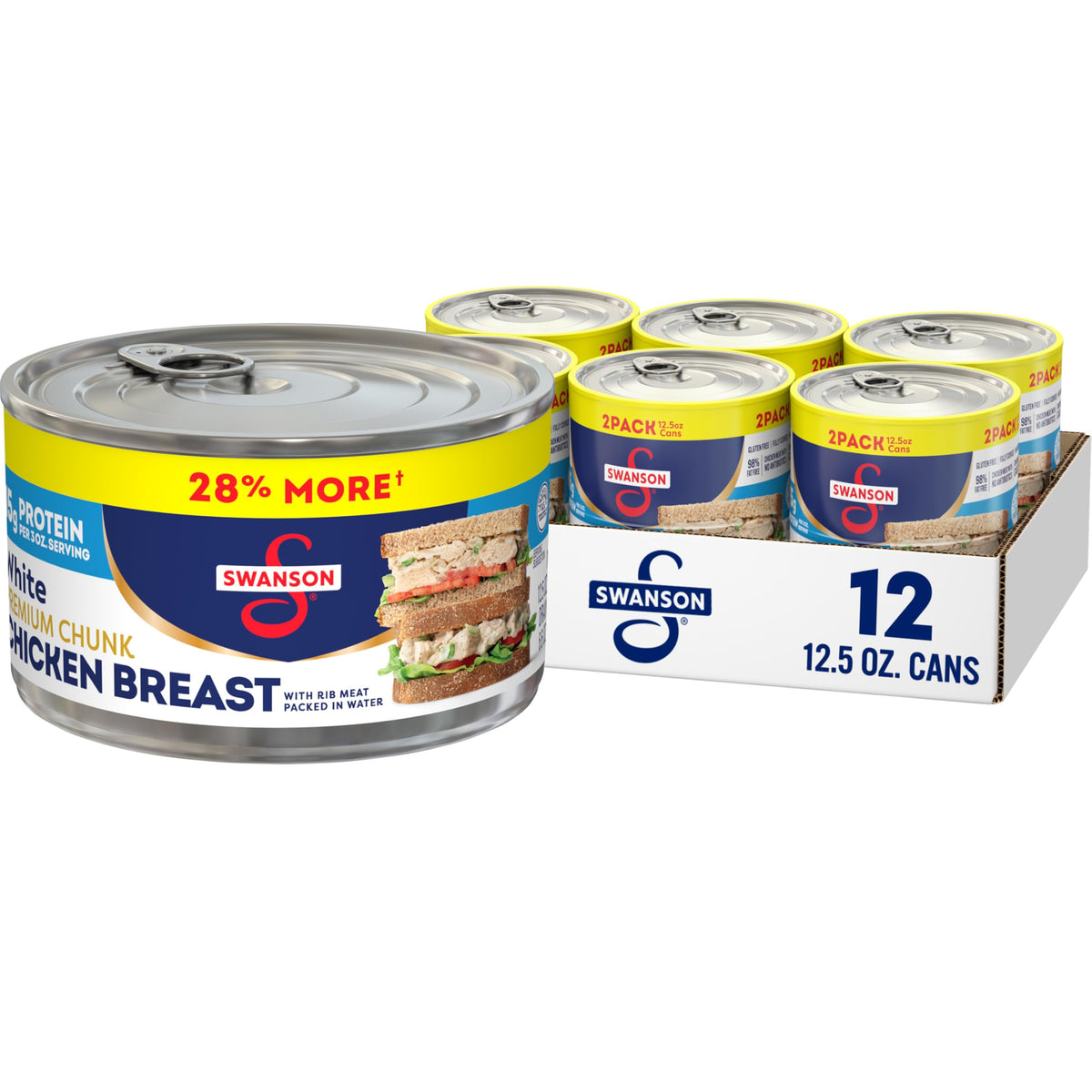 Swanson S white premium chunk chicken breast in water can, ready-to-top salads.