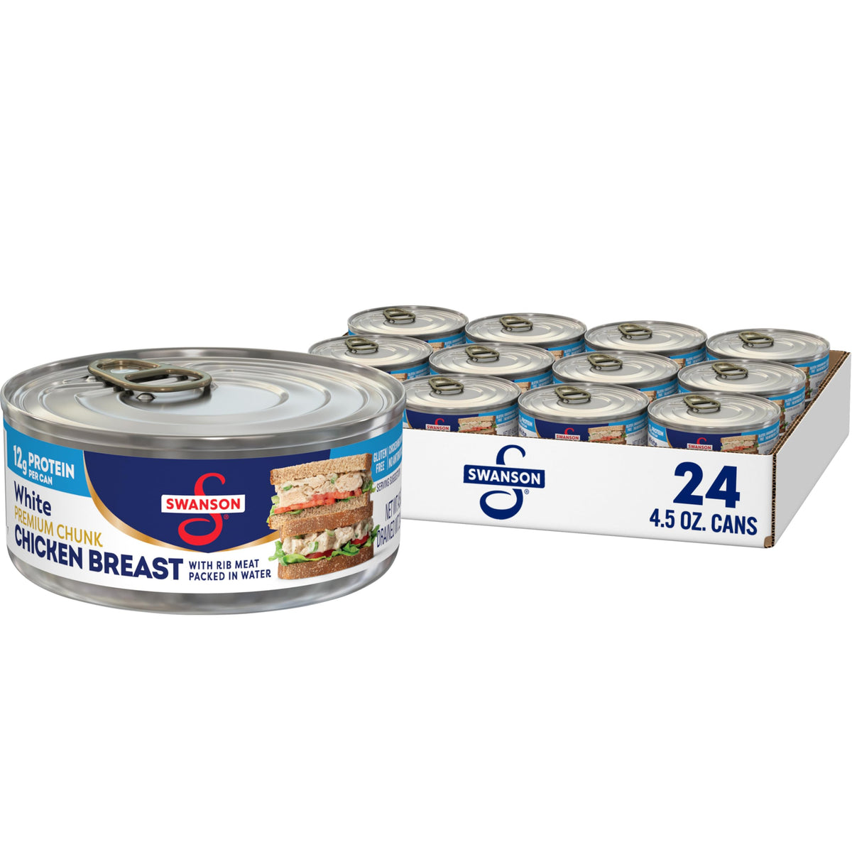 Swanson S white premium chunk chicken in water can close-up, ready for quick meals.