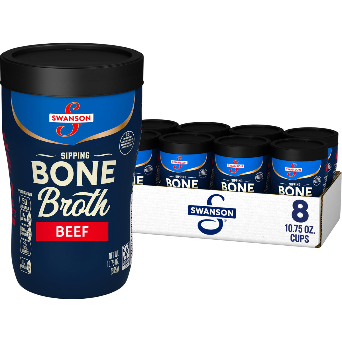 Swanson Sipping Beef Bone Broth cup front label highlighting natural ingredients