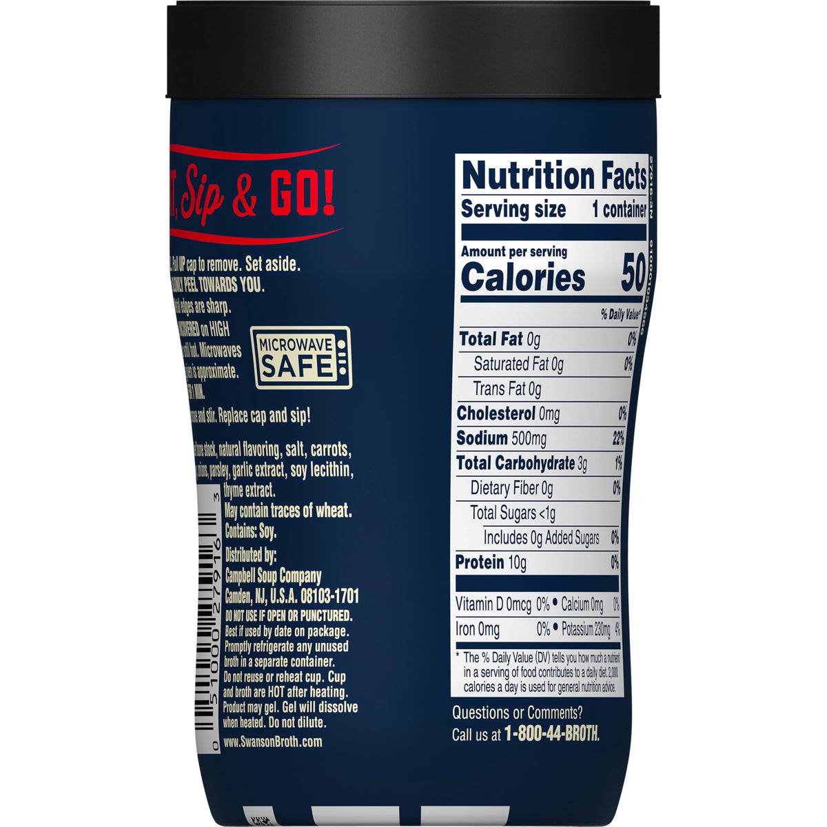 Swanson Sipping Beef Bone Broth nutrition label showing 10g protein per cup