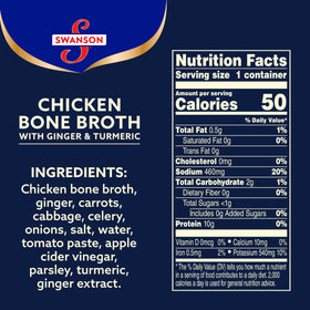 Close-up of Swanson Sipping Broth ingredients: chicken, vegetables and spices for a simple, flavorful base.