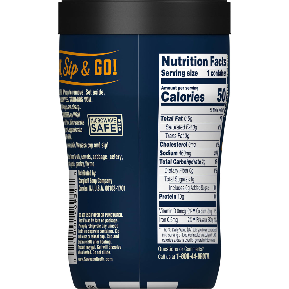 Swanson Sipping Chicken Bone Broth nutrition label highlights 10 g protein.