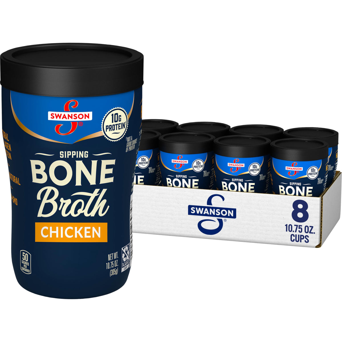 Swanson S sipping chicken bone broth packaging shown for eight microwavable cups.