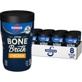 Swanson S sipping chicken bone broth packaging shown for eight microwavable cups.