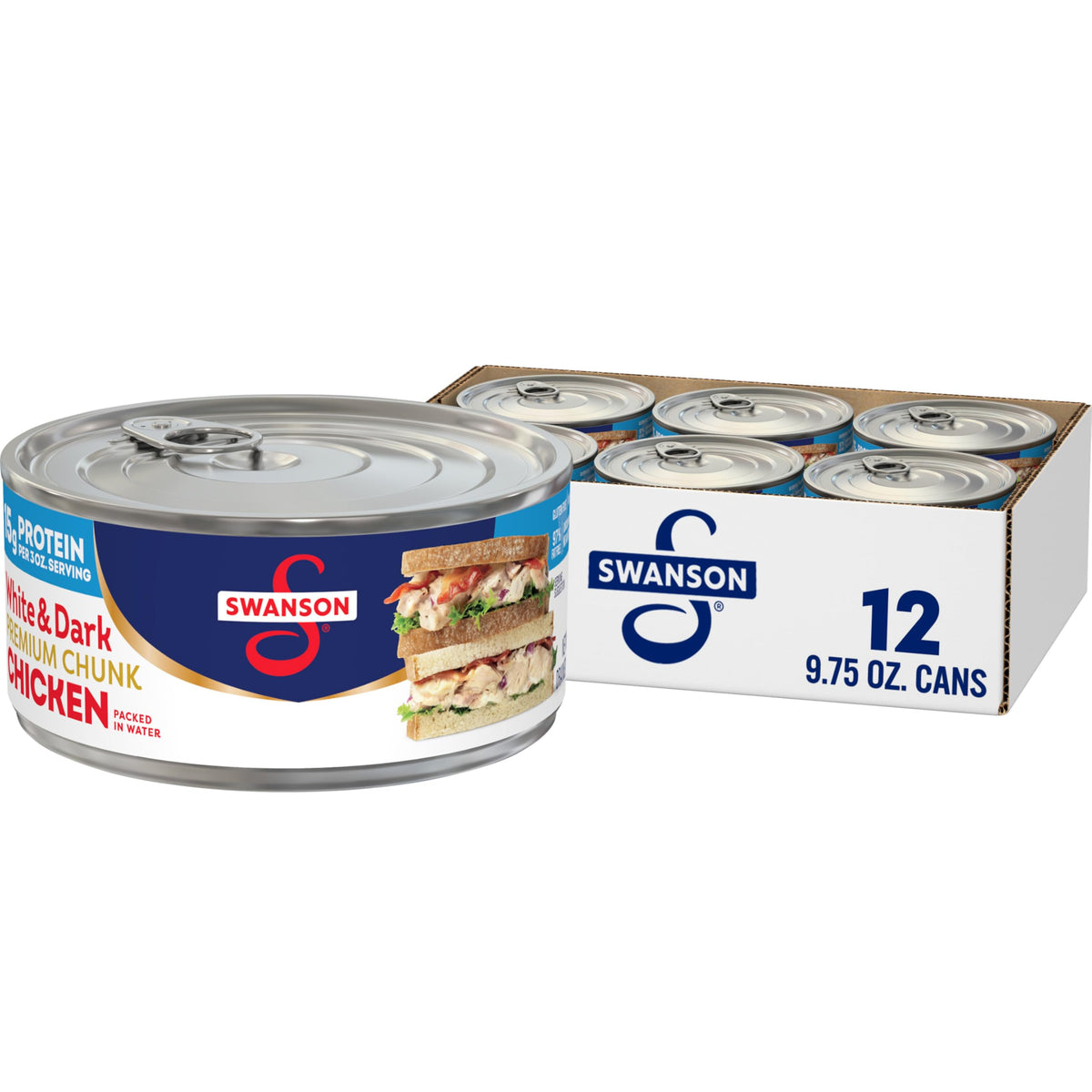 Swanson white and dark premium chunk chicken can front for ready-to-eat protein