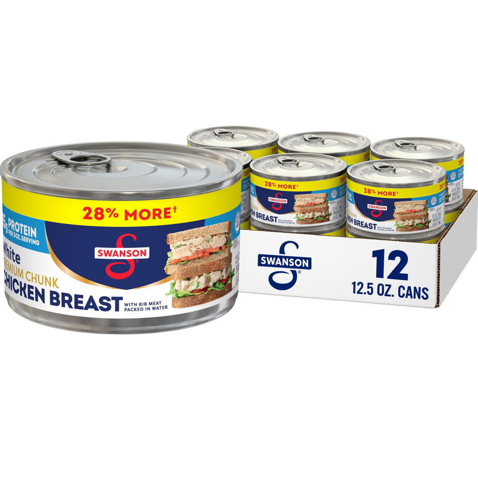 Swanson white premium chunk chicken label on can, antibiotic-free and MSG-free