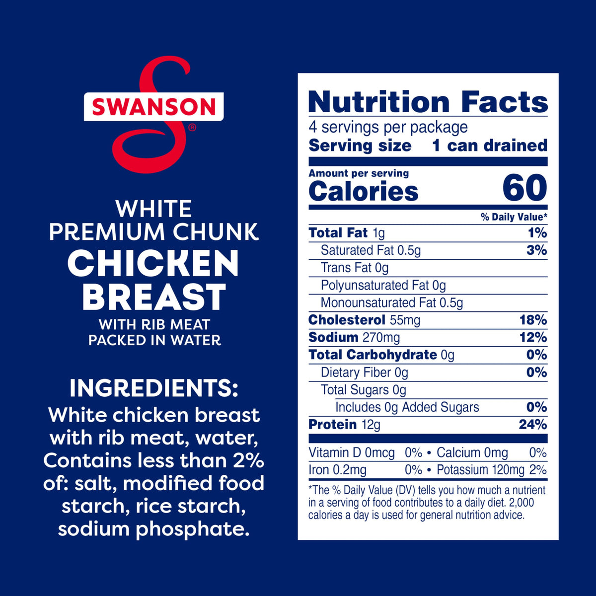 Swanson White Premium Chunk Chicken in Water can opened, convenient protein for salads.
