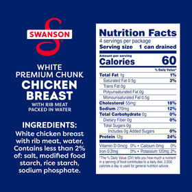 Swanson White Premium Chunk Chicken in Water can opened, convenient protein for salads.
