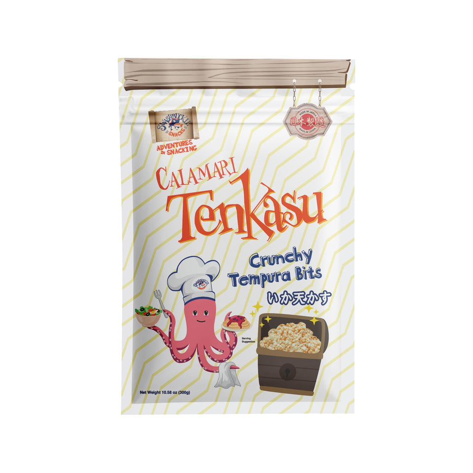 Swashbuckle Snacks Calamari Tenkasu Bits front view showing crisp texture for snacking