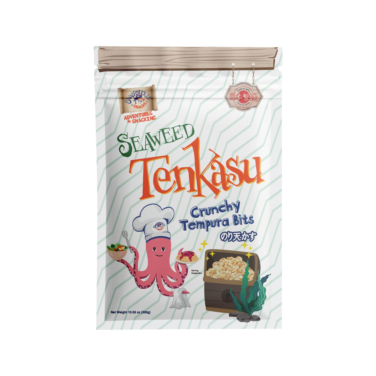 Swashbuckle Seaweed Tenkasu Bits packaging front for convenient snacking on the go