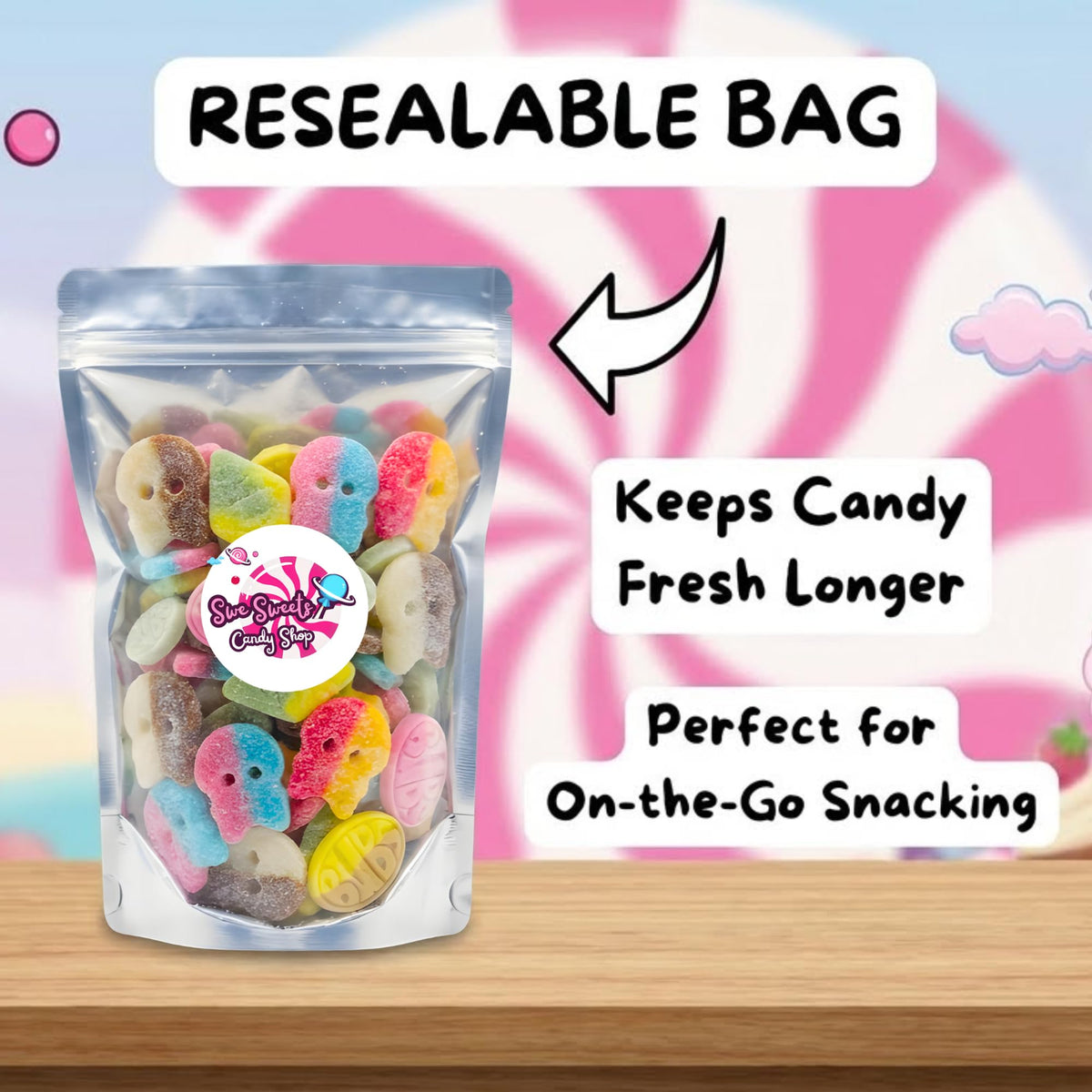 Swe Sweets BUBS on-the-go snack in a resealable bag.