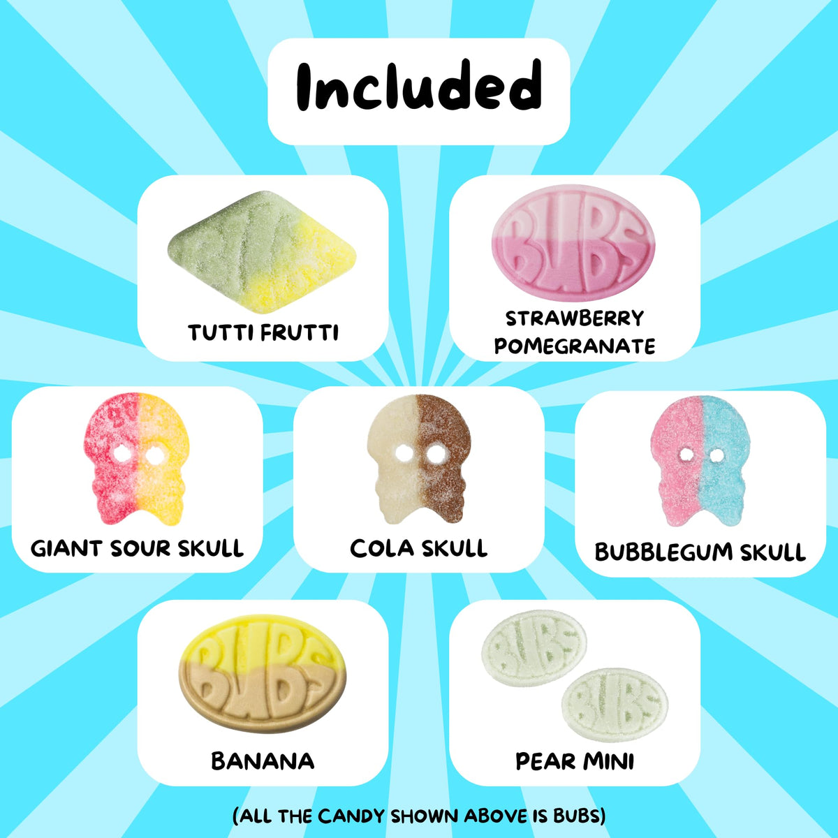 Swe Sweets BUBS Swedish Candy Mix shows flavors like Tutti Frutti and Strawberry-Pomegranate.