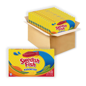 Swedish Fish 12-pack boxes show assorted gummy candy for bulk stocking.