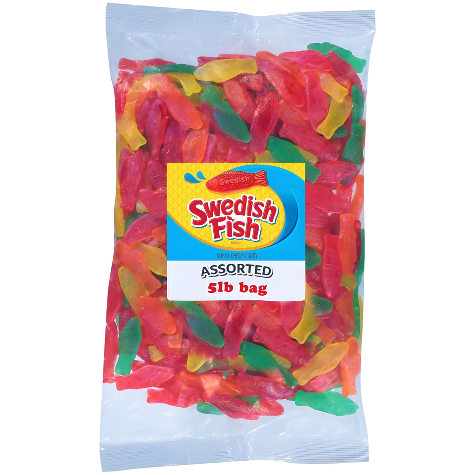 Swedish Fish assorted candy in a 5 lb bag, ideal for bulk snacking.