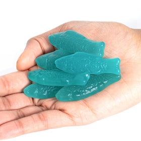 Gummy candies stored in a lunchbox with Swedish Fish blue raspberry lemonade flavor