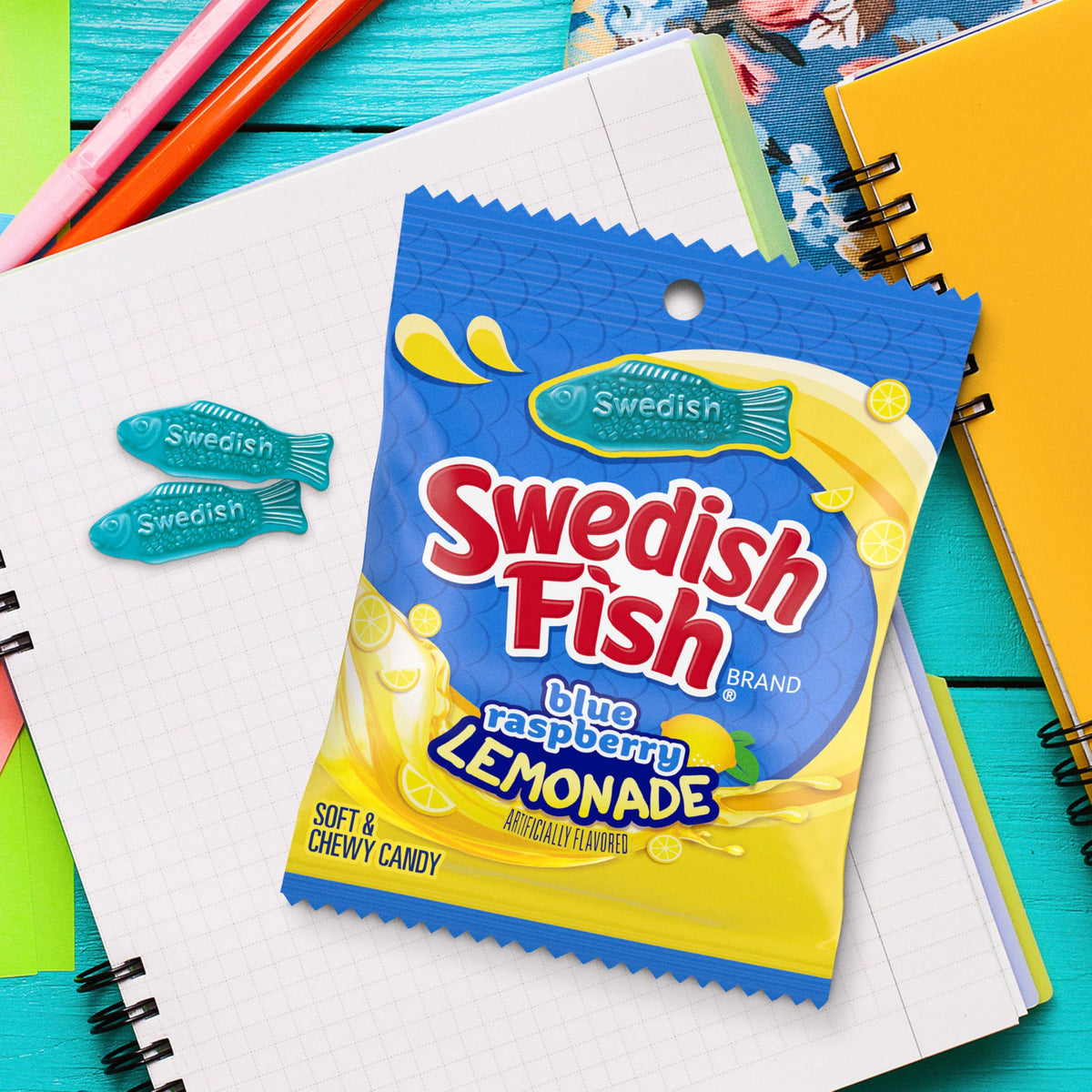 Shelf display of Swedish Fish blue raspberry lemonade gummies on store rack