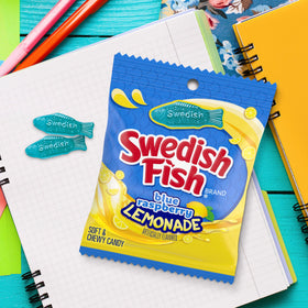 Shelf display of Swedish Fish blue raspberry lemonade gummies on store rack