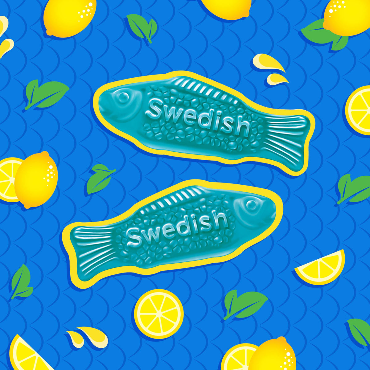 Party favors featuring Swedish Fish blue raspberry lemonade candy