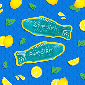 Party favors featuring Swedish Fish blue raspberry lemonade candy