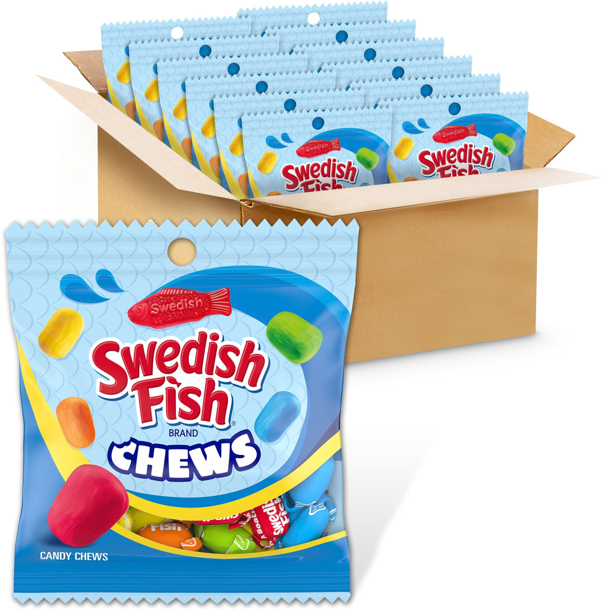 Swedish Fish chews bulk-pack twelve bags for easy hosting and sharing.