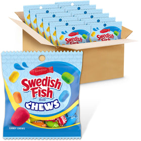 Swedish Fish chews bulk-pack twelve bags for easy hosting and sharing.