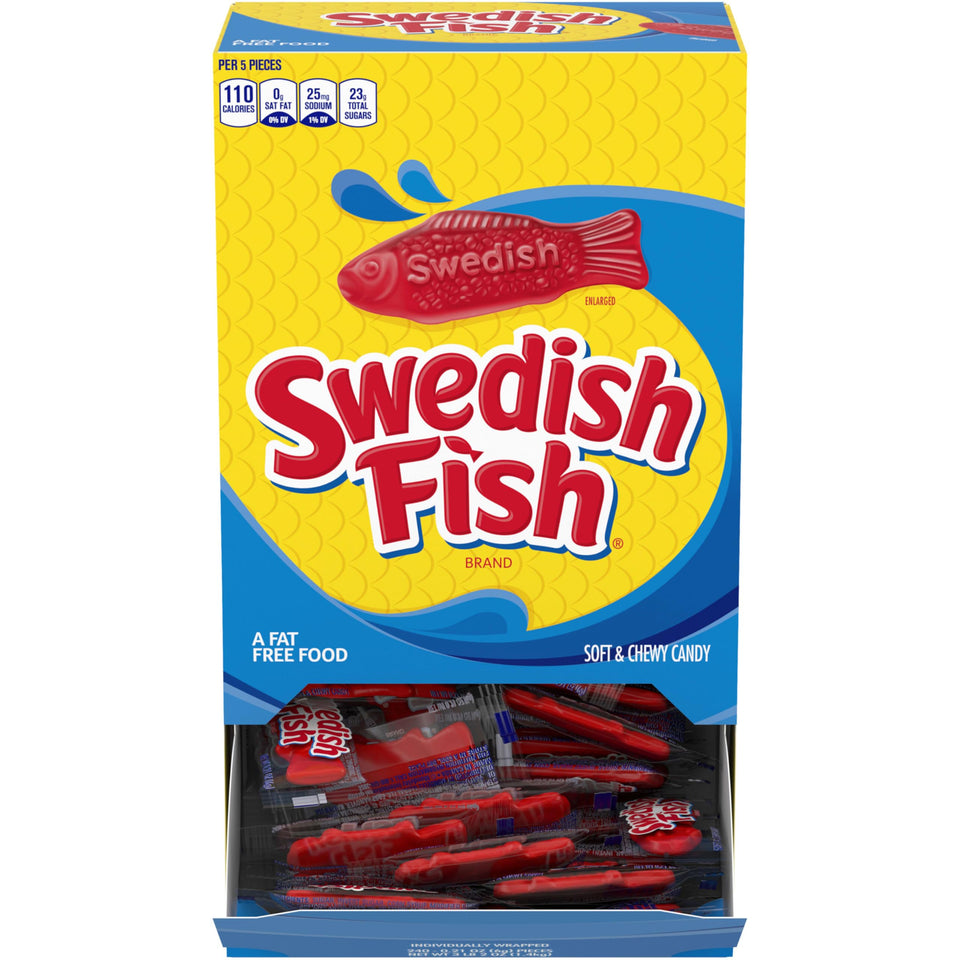 Swedish Fish dispenser box with gummies ready for sharing at gatherings.