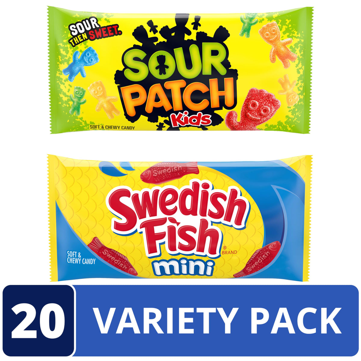 Swedish Fish mini red gummy fish packaging, classic fruit flavor for snacking.