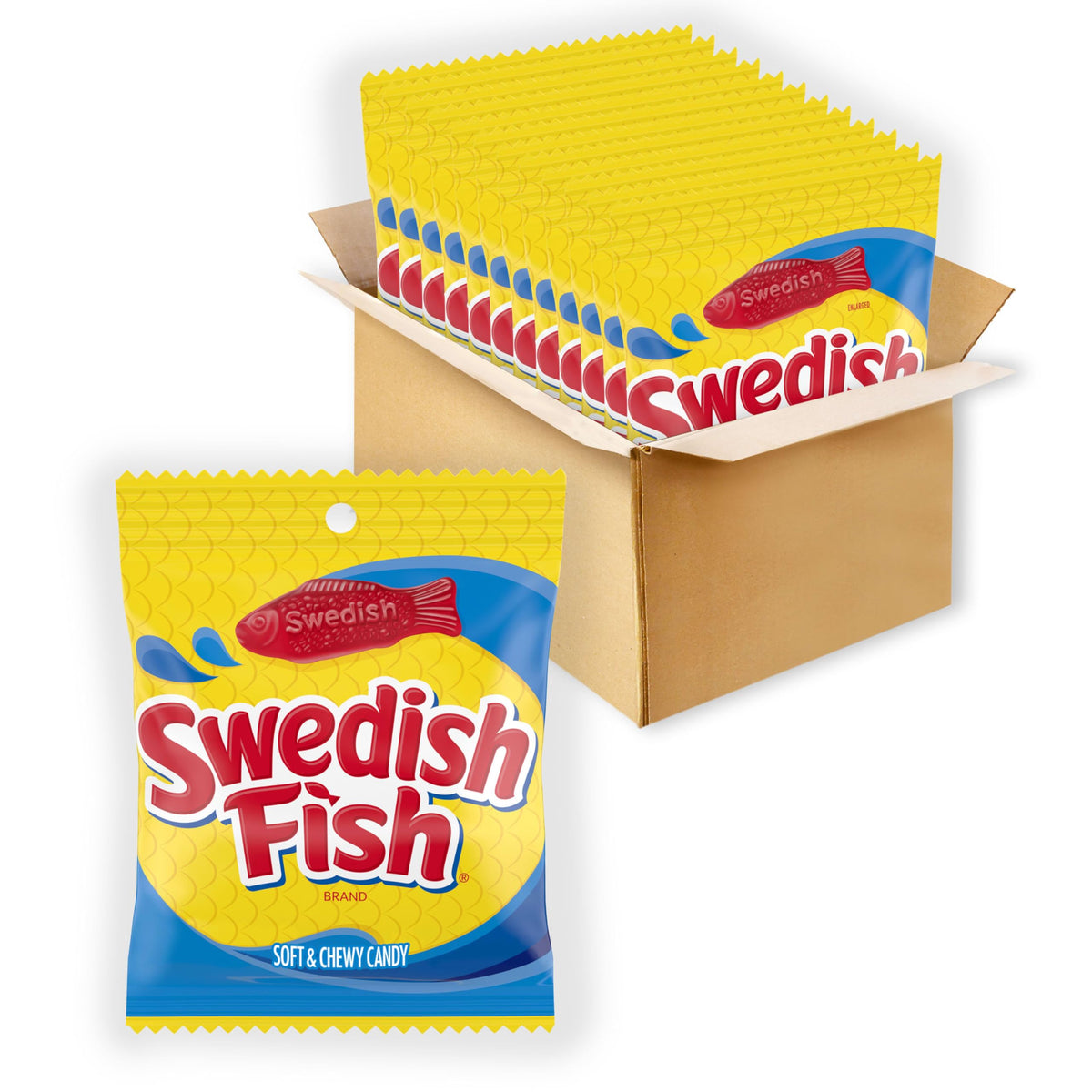 Swedish Fish pack of 12 image: vibrant red chewy candies ideal for sharing.