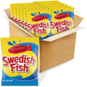 Swedish Fish soft and chewy candy in a 12-bag pack, ideal for sharing and snacking on the go.