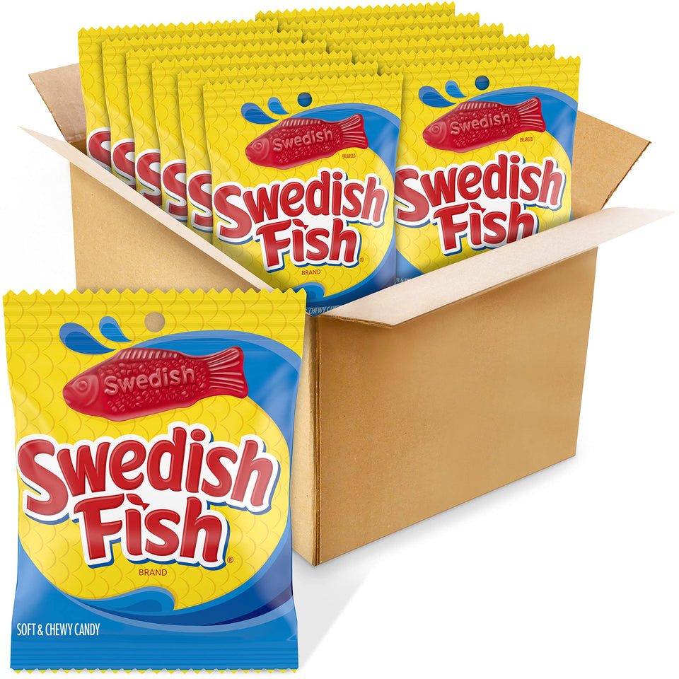 Swedish Fish soft and chewy candy in a 12-bag pack, ideal for sharing and snacking on the go.