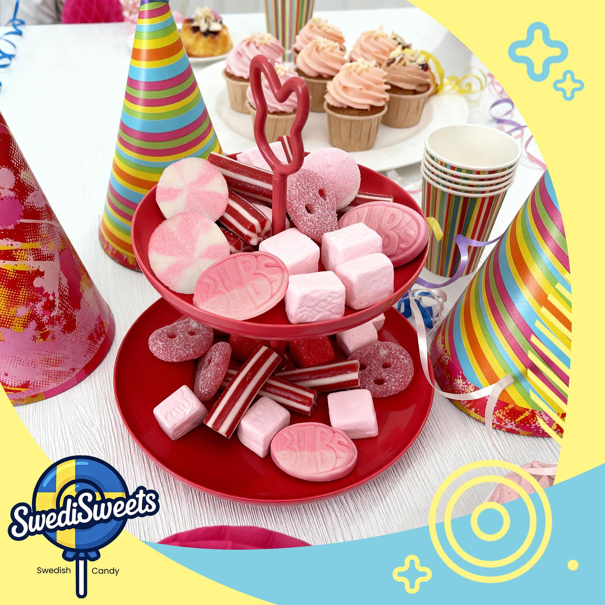 Swedisweets All About Pink party display showing 454 g bag ready for sharing