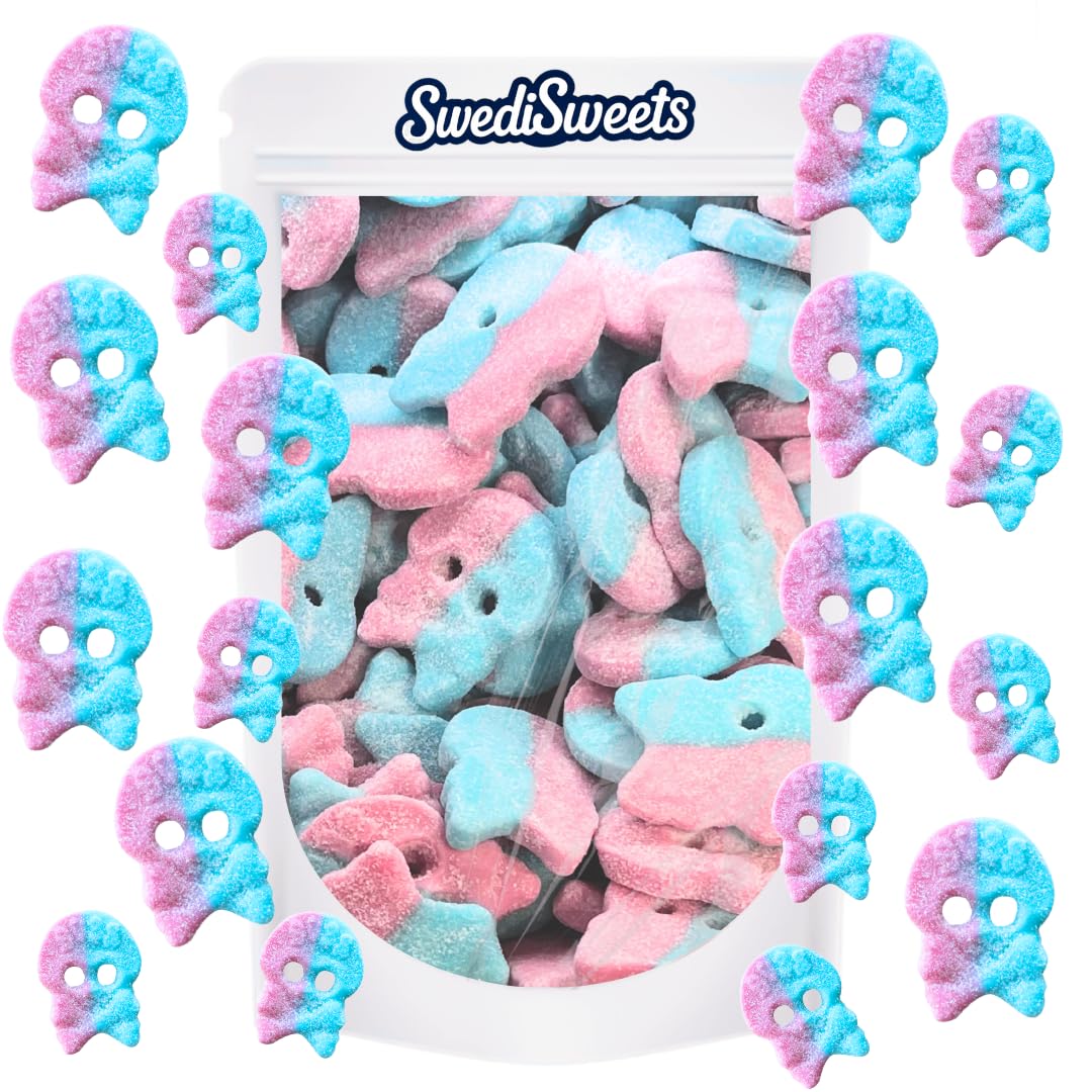 Swedisweets BUBS dizzy skulls foam sweets, soft and tangy, in a party bowl