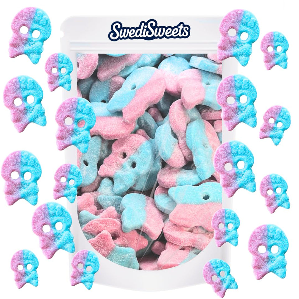 Swedisweets BUBS dizzy skulls foam sweets, soft and tangy, in a party bowl