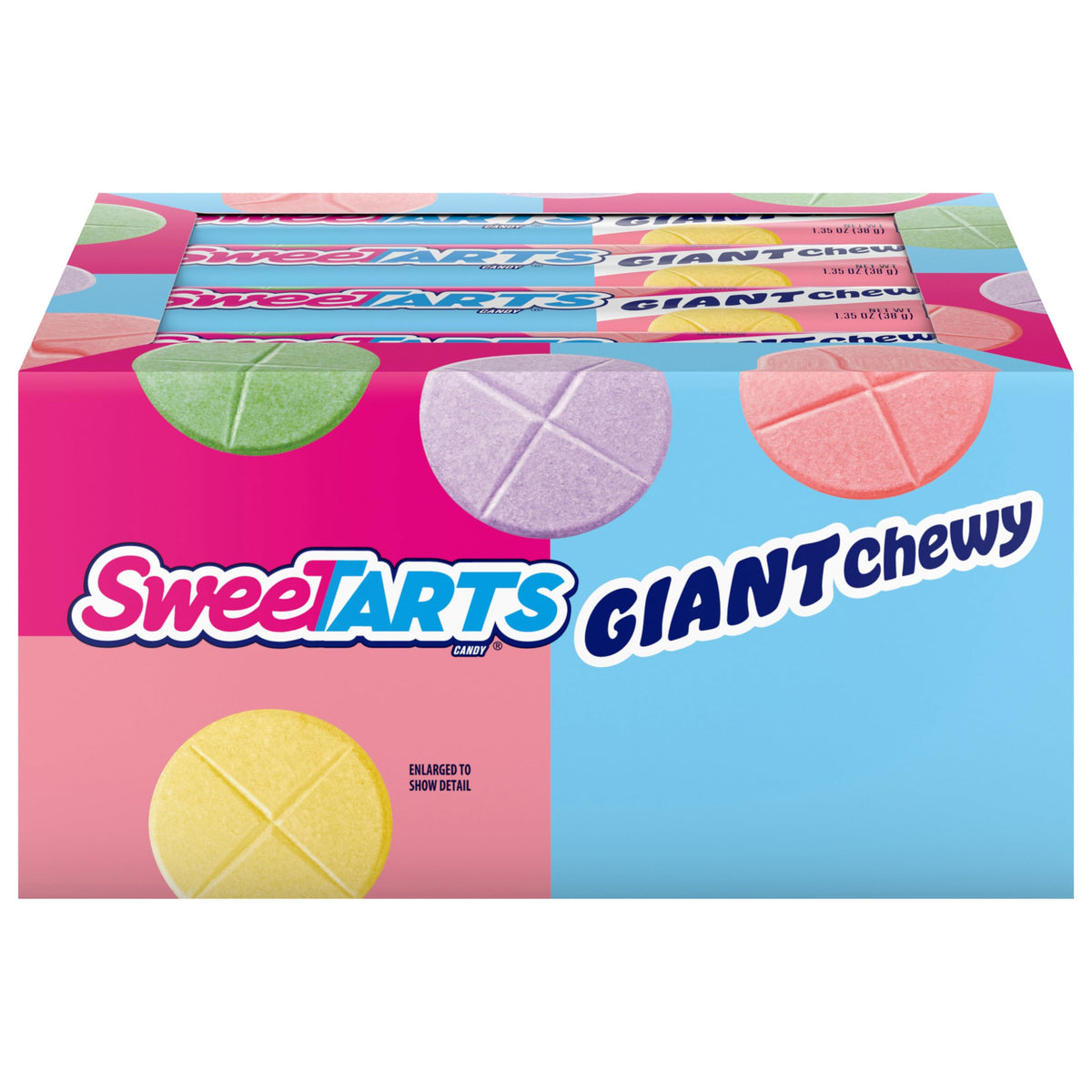 SweeTARTS Giant Chewy Candy roll close-up shows bold sweet-tart flavor in a big bite