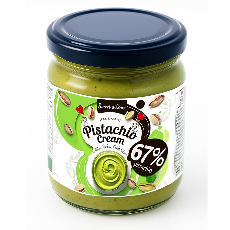 Sweet A Love Pistachio Butter 67% jar close-up showing rich, creamy texture.