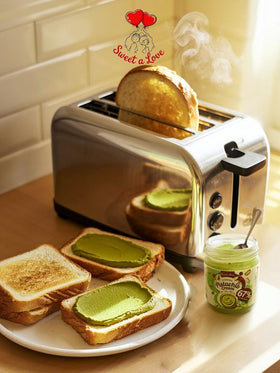 Sweet A Love pistachio butter jar close-up highlighting premium ingredients.